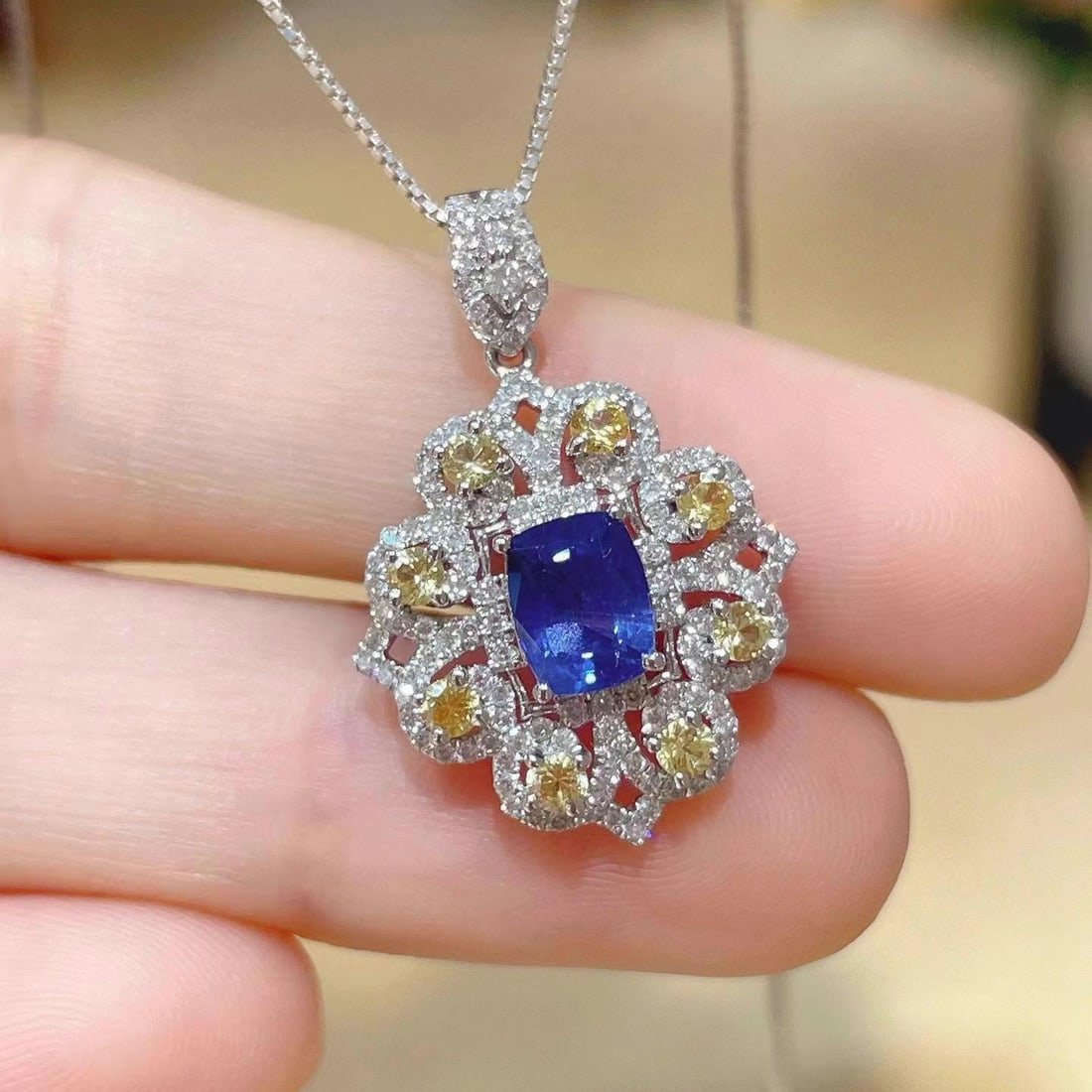 14k Gold 1.60 Ctw Natural Sapphire & Diamond Pendant( Without Chain ) - 2