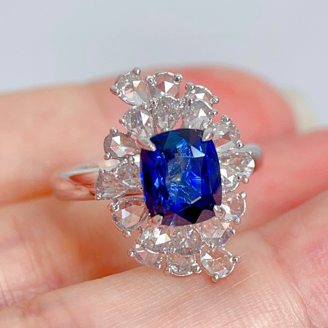 14k Gold 4.31 Ctw Natural Sapphire & Diamond Ring: Ref:230944304 // gold content:14k gold // ring size:7. 25us // // main gemstone:sapphire // shape:cushion // carat weight:3. 03ct // color:blue // treatment:natural // // adjacent gemstone 2 :