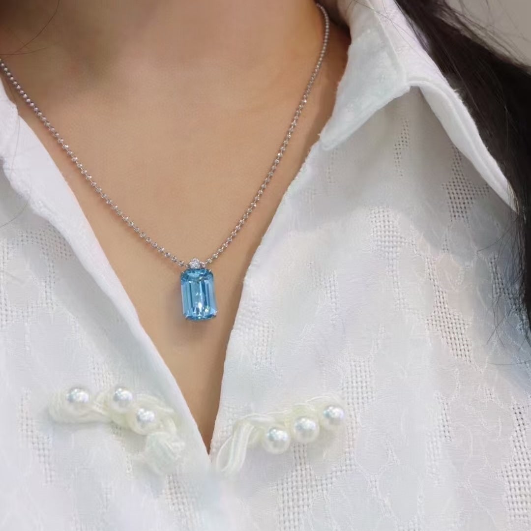 14k Gold 6.25 Ctw Natural Aquamarine & Diamond Pendant( Without Chain ) - 5