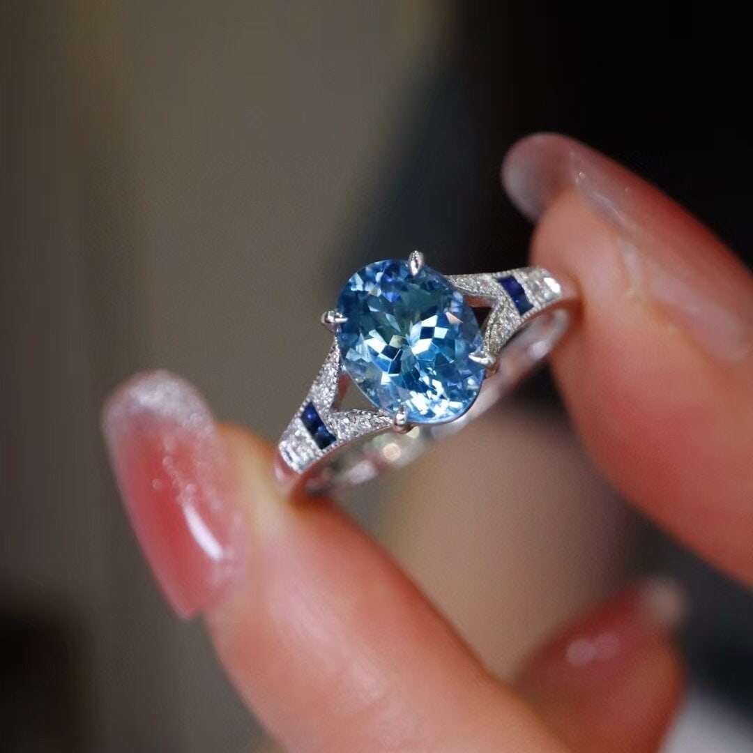 14k Gold 1.31 Ct Natural Aquamarine & Diamond & Sapphire & Art Deco Ring: Ref:230944322 // gold content:14k gold // ring size:7. 25us // // main gemstone:aquamarine // shape:oval // carat weight:1. 31ct // color:santa maria color // treatment:natural // // adjacent