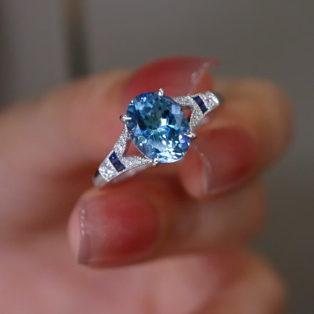 14k Gold 1.31 Ct Natural Aquamarine & Diamond & Sapphire & Art Deco Ring - 2