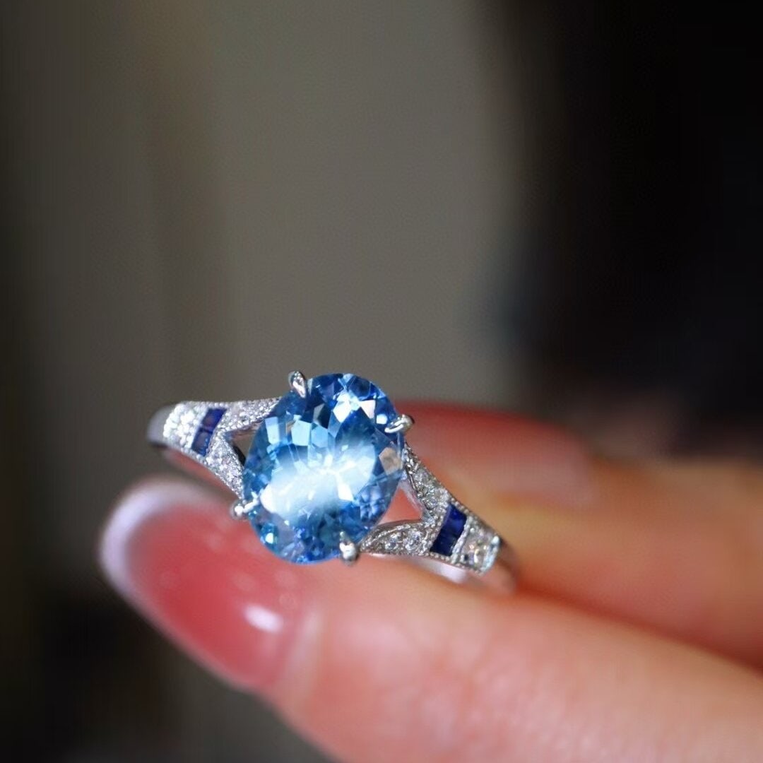 14k Gold 1.31 Ct Natural Aquamarine & Diamond & Sapphire & Art Deco Ring - 4