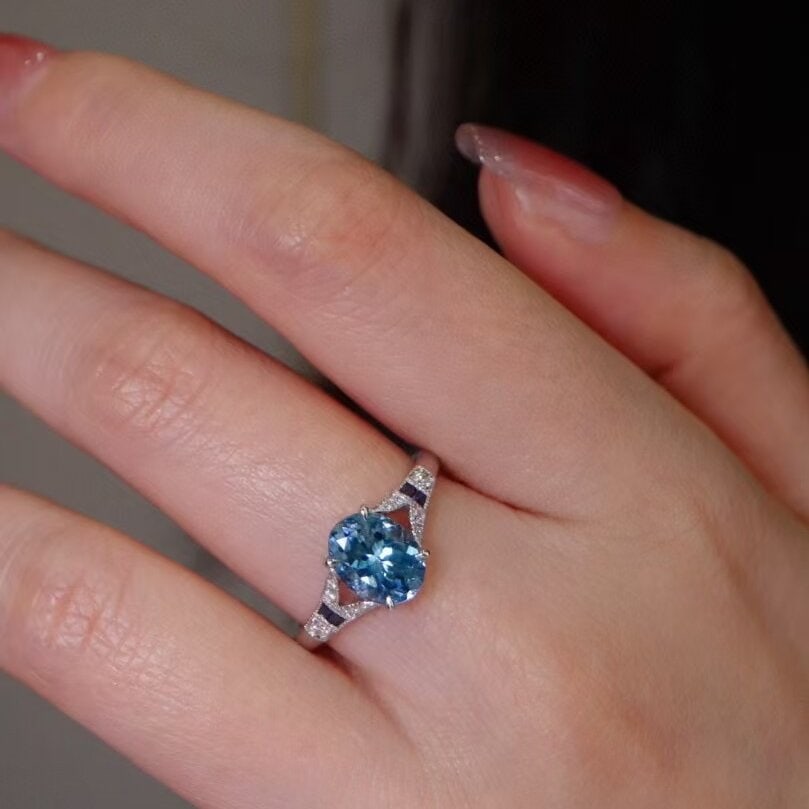 14k Gold 1.31 Ct Natural Aquamarine & Diamond & Sapphire & Art Deco Ring - 6