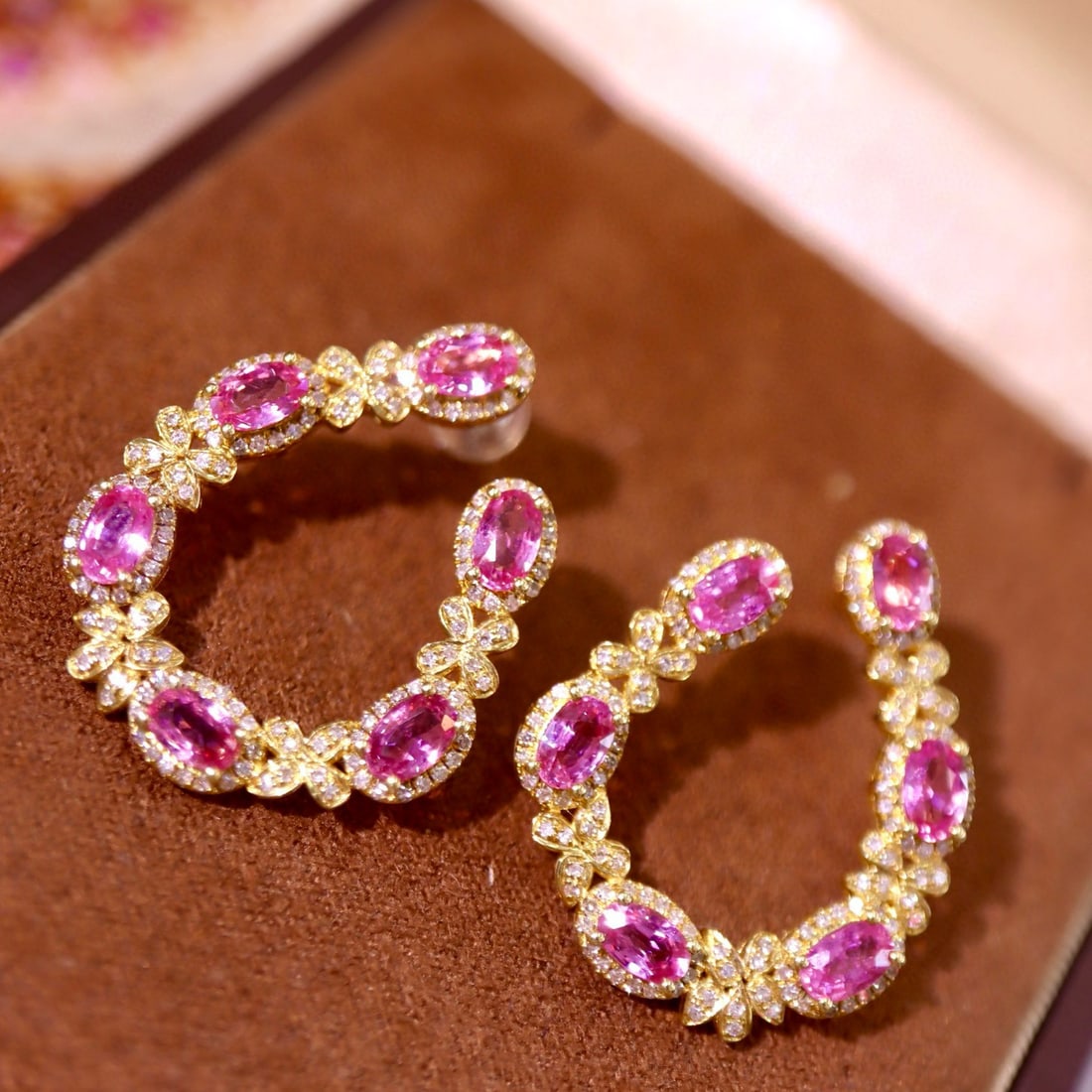 14k Gold 5.30 Ctw Natural Padparadscha Sapphire & Diamond Earrings - 2