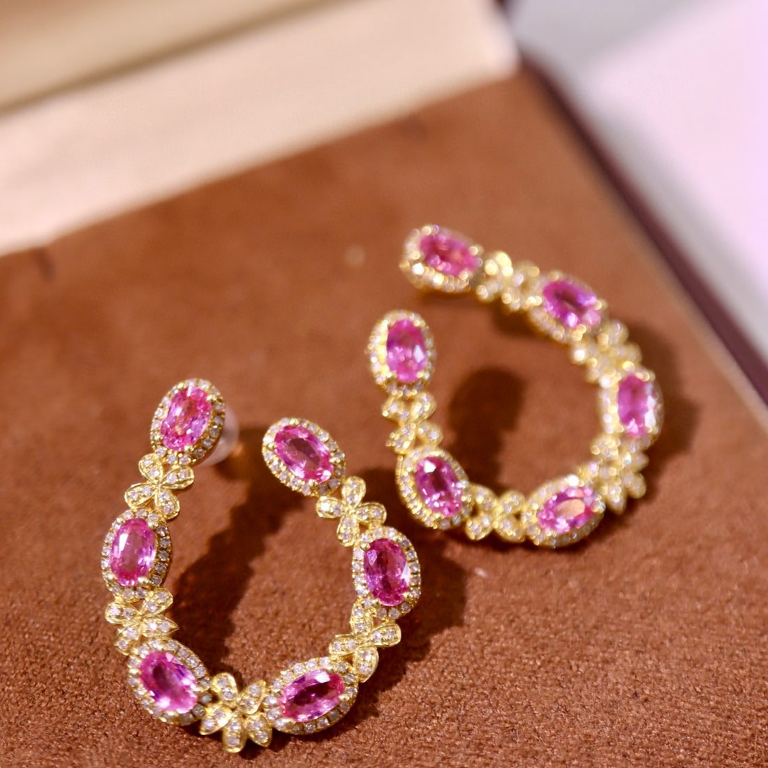 14k Gold 5.30 Ctw Natural Padparadscha Sapphire & Diamond Earrings - 3