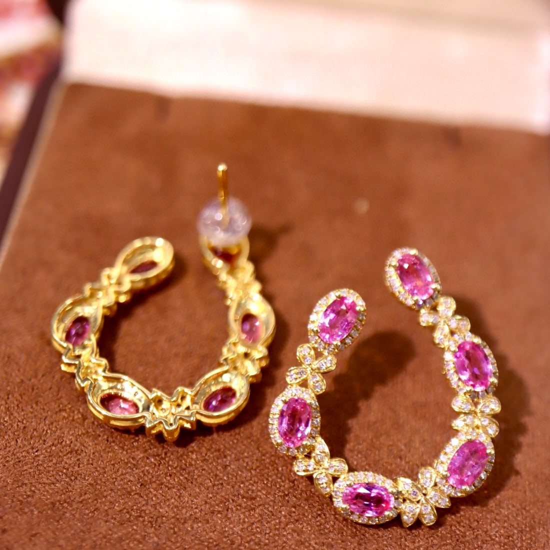 14k Gold 5.30 Ctw Natural Padparadscha Sapphire & Diamond Earrings - 4