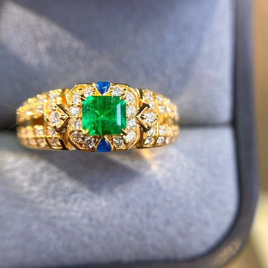 14k Gold 0.77 Ctw Vivid Green Natural Emerald & Diamond Ring: Ref:230944324 // gold content:14k gold // ring size:7. 25us // // main gemstone:emerald // shape:octagonal // carat weight:0. 40ct // color:vivid green // treatment:natural // // adjacent gemstone