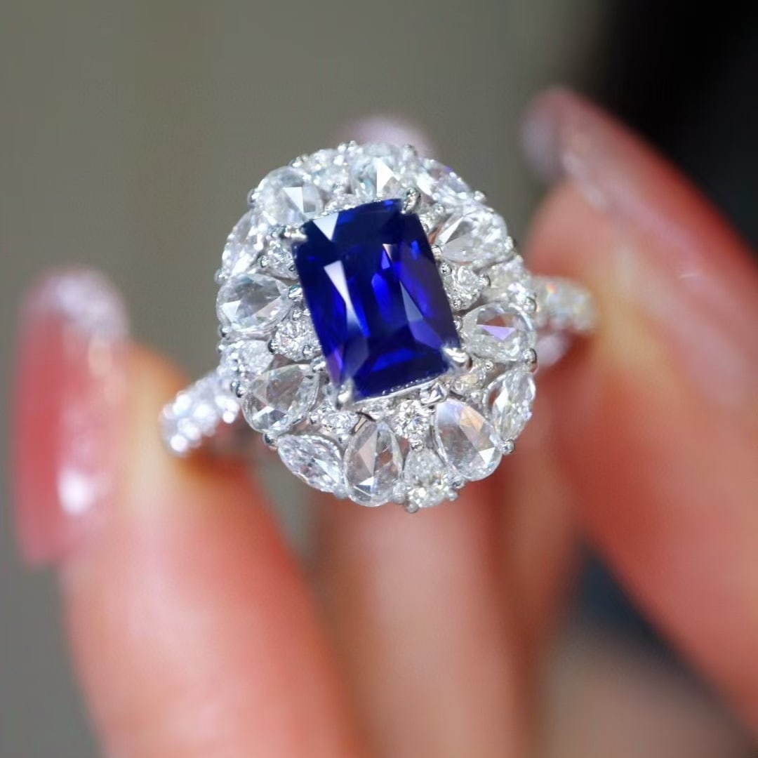 14k Gold 1.96 Ctw Natural Sapphire & Diamond Ring: Ref:230944329 // gold content:14k gold // ring size:7. 25us // // main gemstone:sapphire // shape:cushion // carat weight:1. 06ct // color:royal blue // treatment:natural // // adjacent gemstone 2