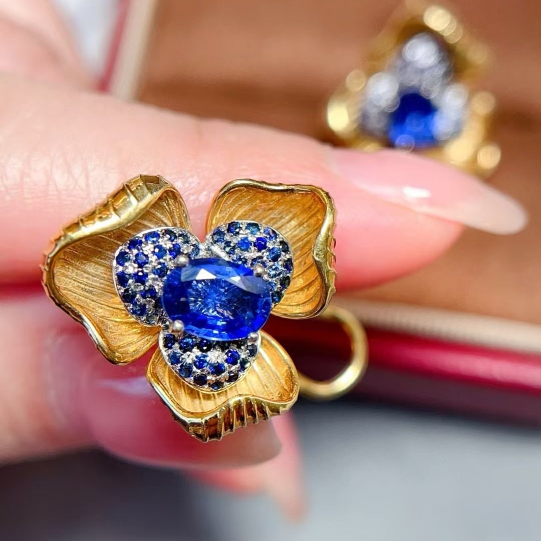 14k Gold 1.9 Ct Natural Sapphire & Sapphire Earrings - 2