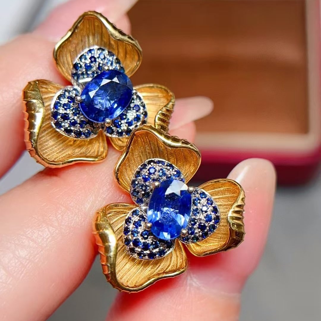 14k Gold 1.9 Ct Natural Sapphire & Sapphire Earrings - 6