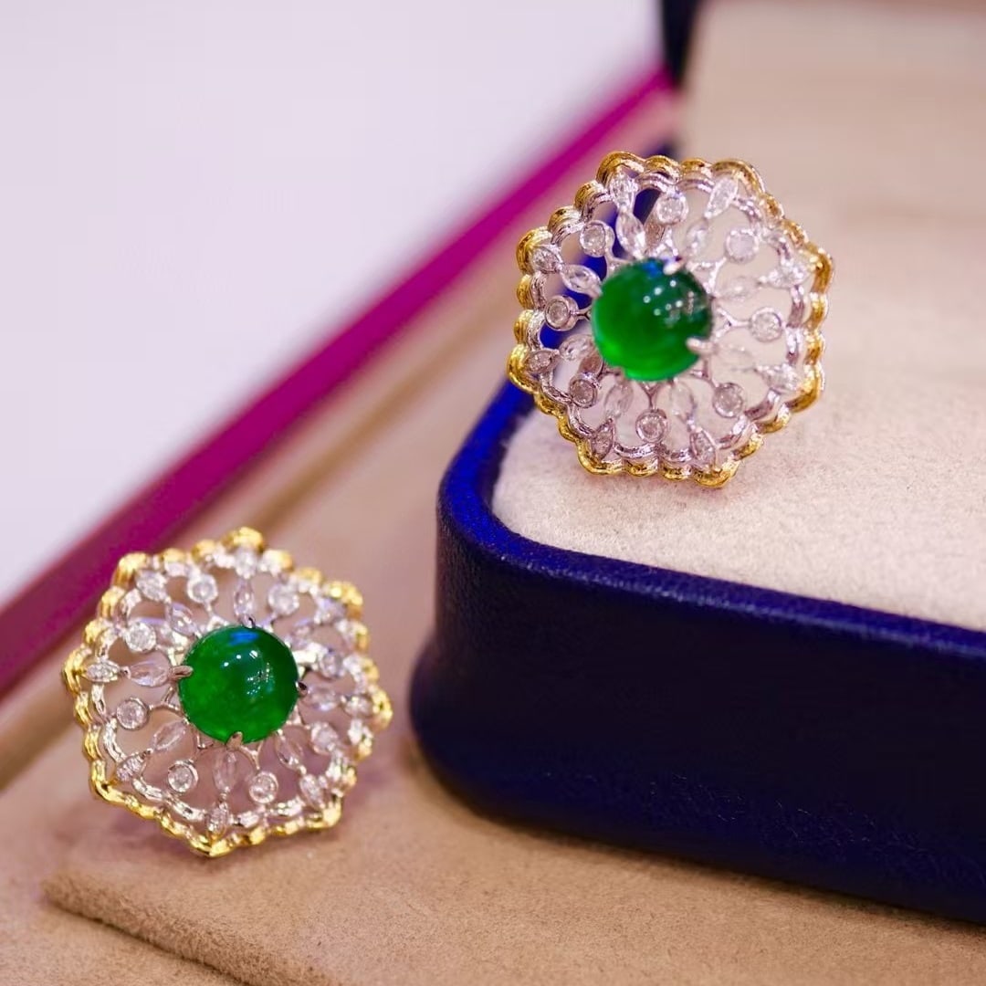 14k Gold 2.52 Ct Natural Emerald & Sapphire & Diamond Earrings - 3