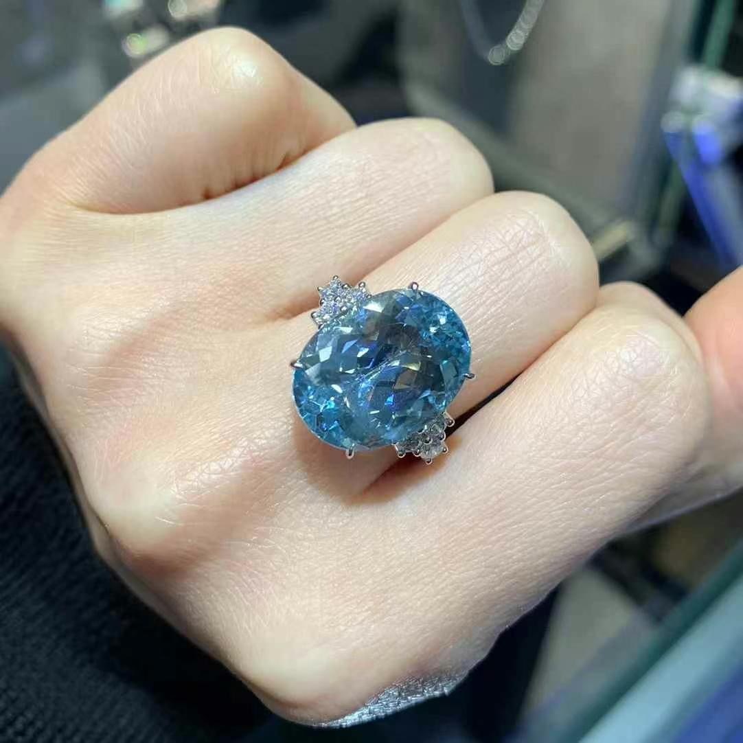 14k Gold 10.19 Ctw Natural Aquamarine & Diamond Ring - 3