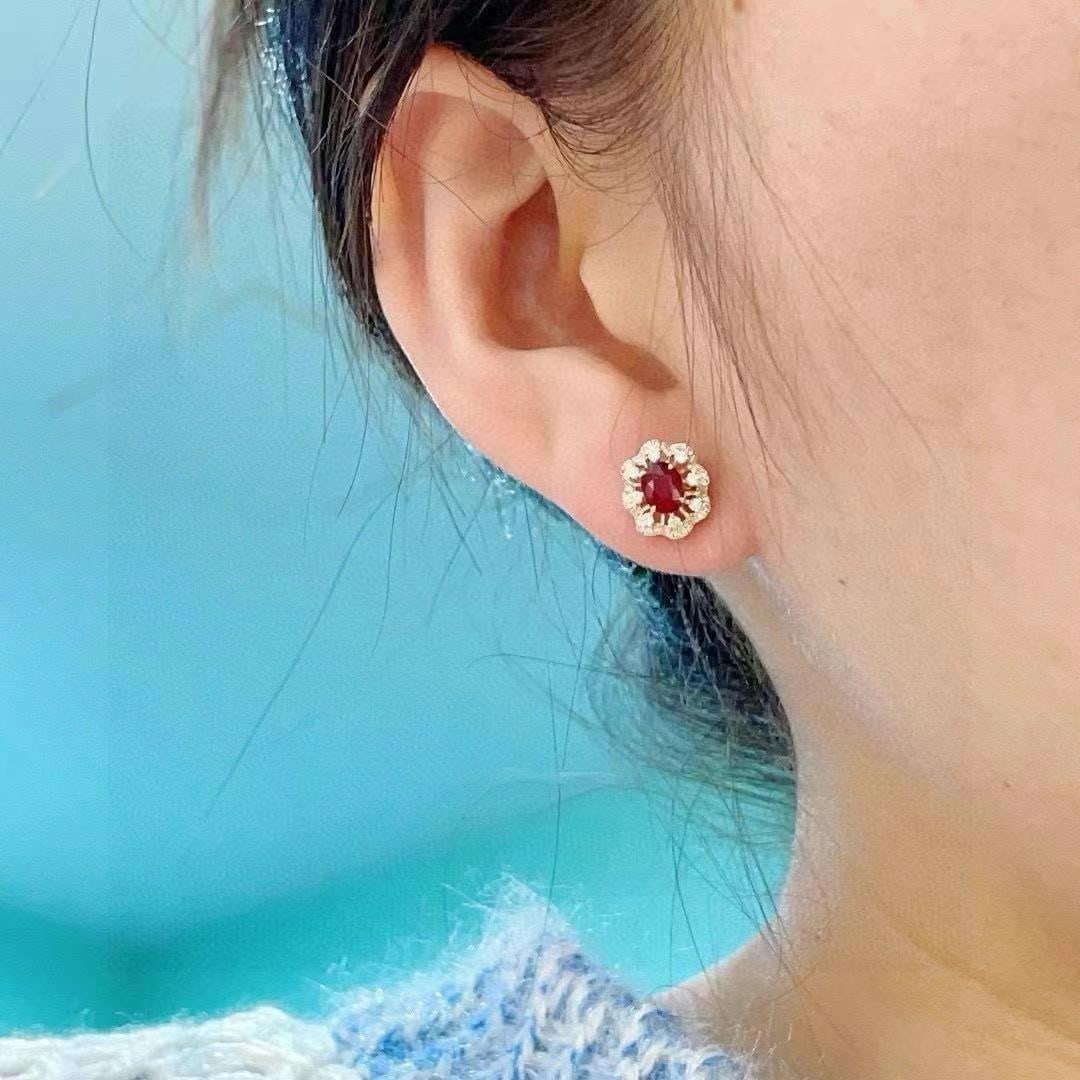 14k Gold 1.20 Ctw Vivid Red Natural Ruby & Diamond Earrings - 5