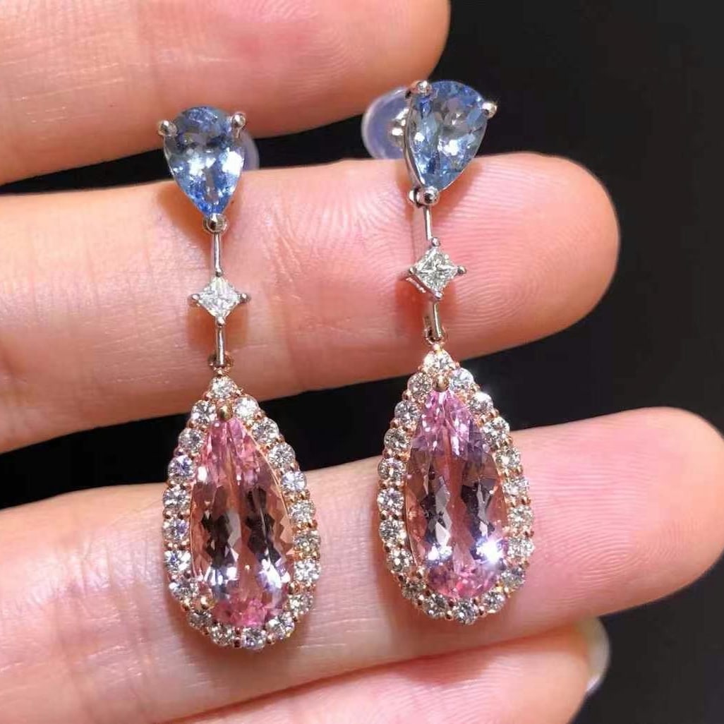 14k Gold 5.05 Ctw Natural Morganite & Aquamarine Earrings: Ref:230944365 // gold content:14k gold // main gemstone:morganite // shape:pear // carat weight:3. 92ct // color:pink // treatment:natural // // adjacent gemstone 2 : aquamarine // shape:pear //