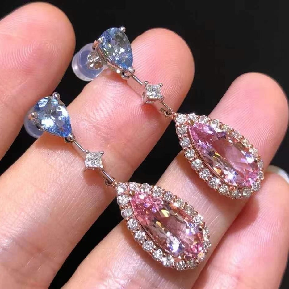 14k Gold 5.05 Ctw Natural Morganite & Aquamarine Earrings - 2