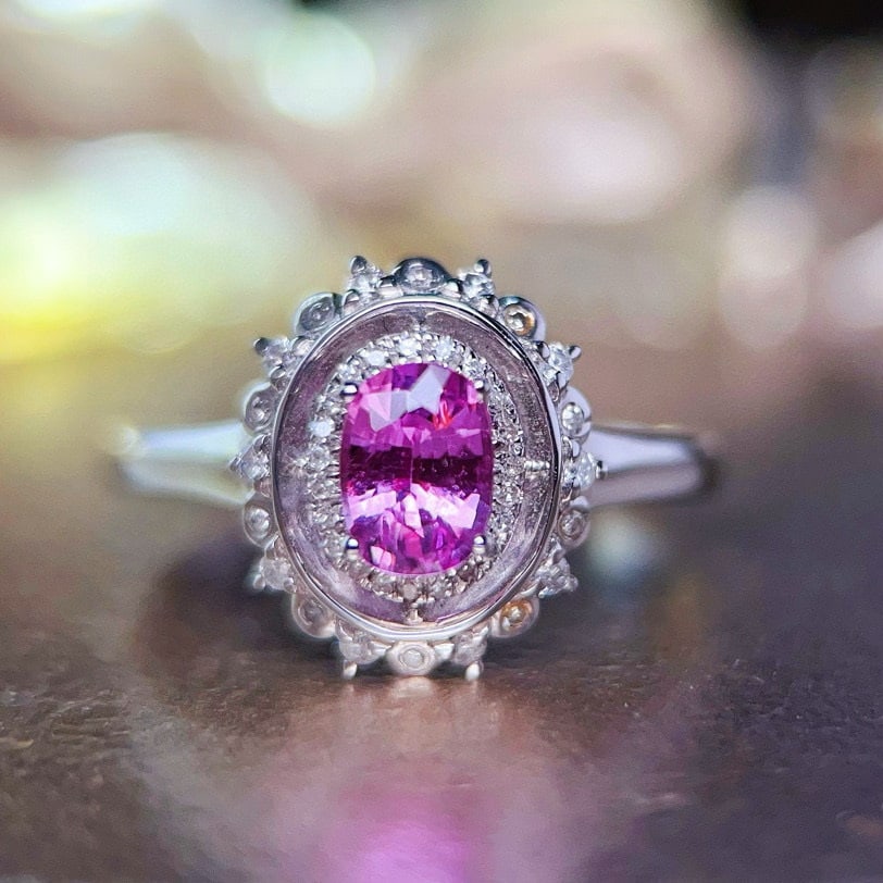 14k Gold 0.93 Ctw Natural Sapphire & Diamond Ring: Ref:230944376 // gold content:14k gold // ring size:7. 25us // // main gemstone:sapphire // shape:oval // carat weight:0. 7ct // color:pink // treatment:natural // // adjacent gemstone 2 : diamond