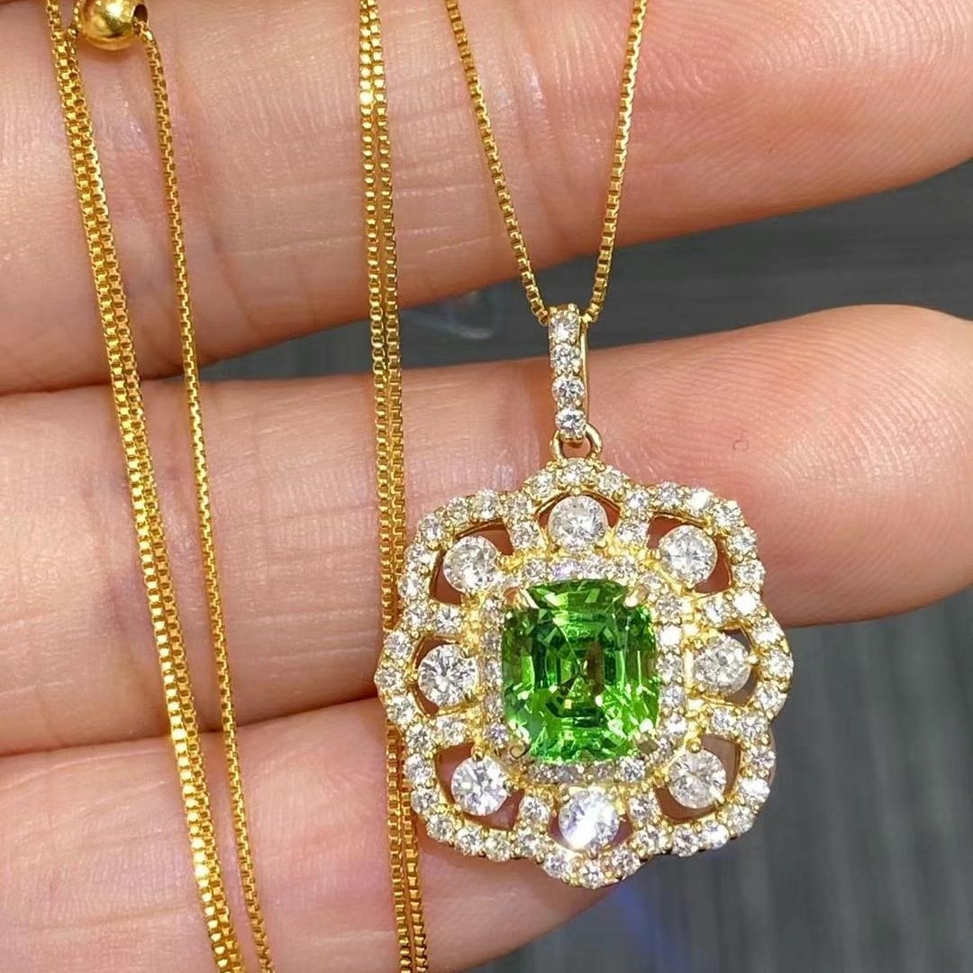 14k Gold 3.20 Ctw Natural Tsavorite & Diamond Pendant( Without Chain ) - 2