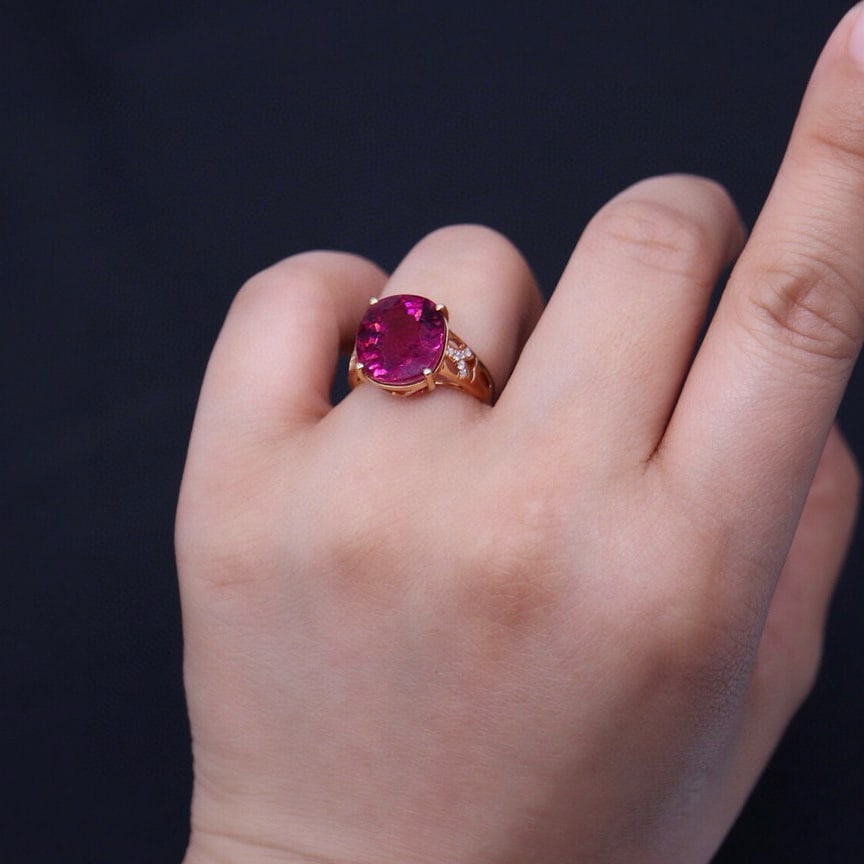 14k Gold 7.63 Ct Natural Tourmaline & Diamond Ring - 6