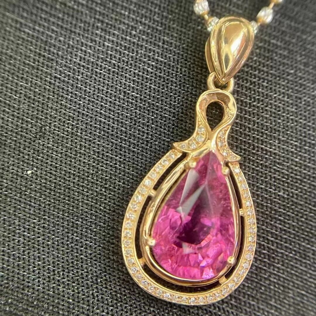 14k Gold 3.46 Ct Natural Tourmaline & Diamond Pendant( Without Chain ) - 3