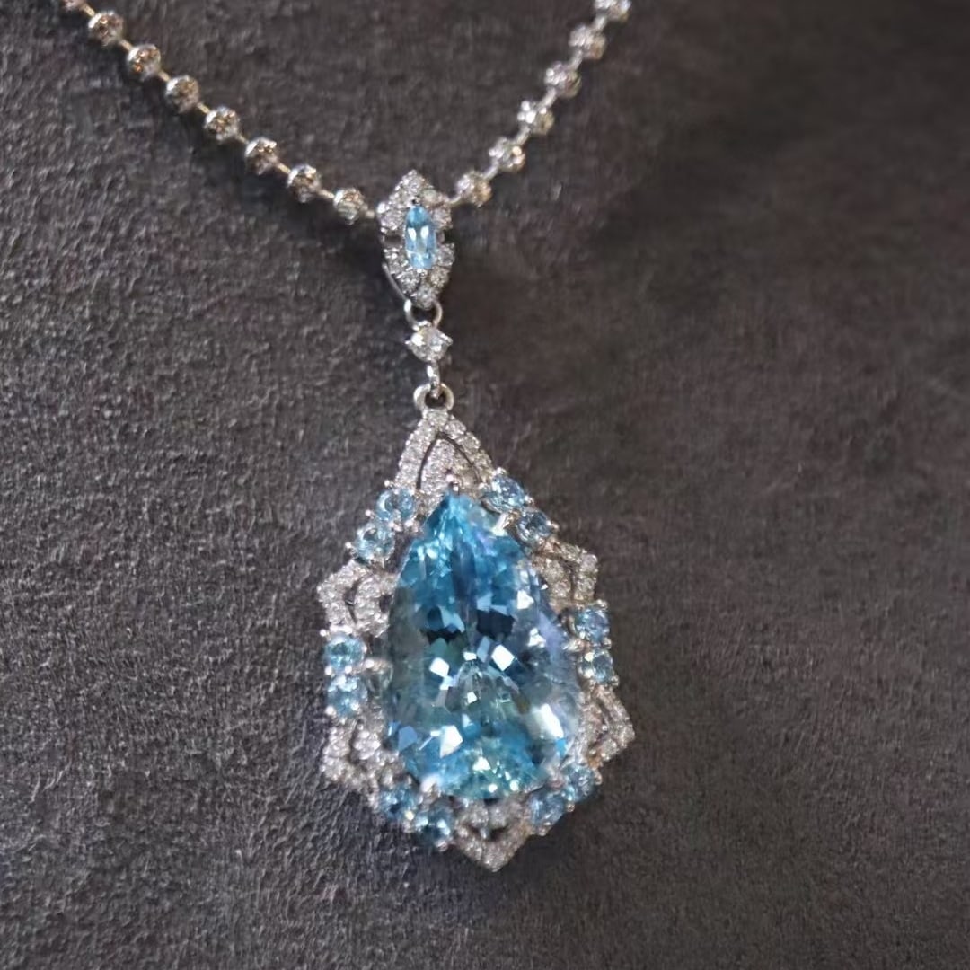 14k Gold 3.94 Ctw Natural Aquamarine & Diamond Pendant( Without Chain ) - 2