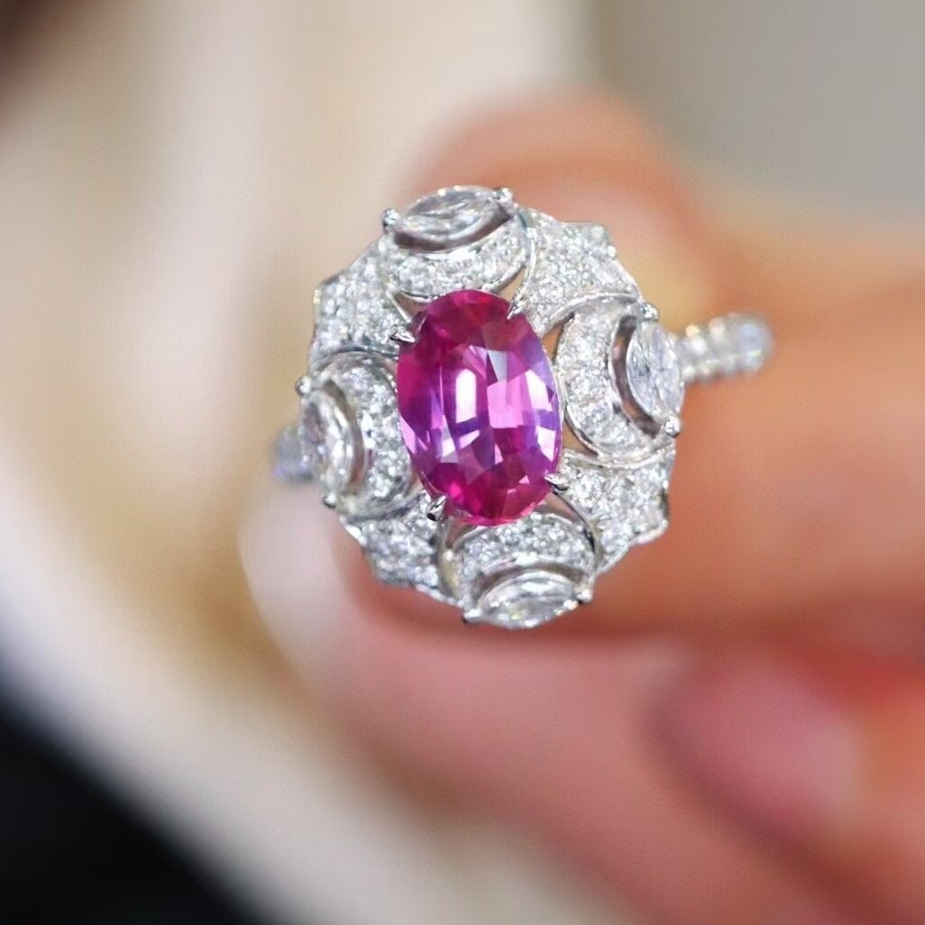 14k Gold 1.58 Ctw Natural Sapphire & Diamond Ring: Ref:230944425 // gold content:14k gold // ring size:7. 25us // // main gemstone:sapphire // shape:oval // carat weight:1. 08ct // color:pink // treatment:natural // // adjacent gemstone 2 : diamond //