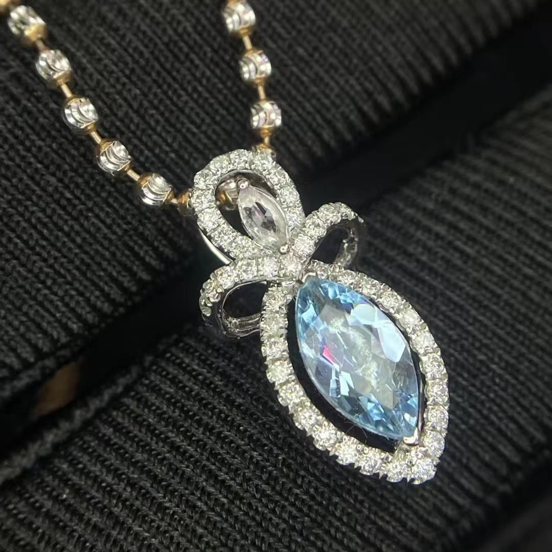 14k Gold 0.50 Ct Natural Aquamarine & Diamond Pendant( Without Chain ) - 2