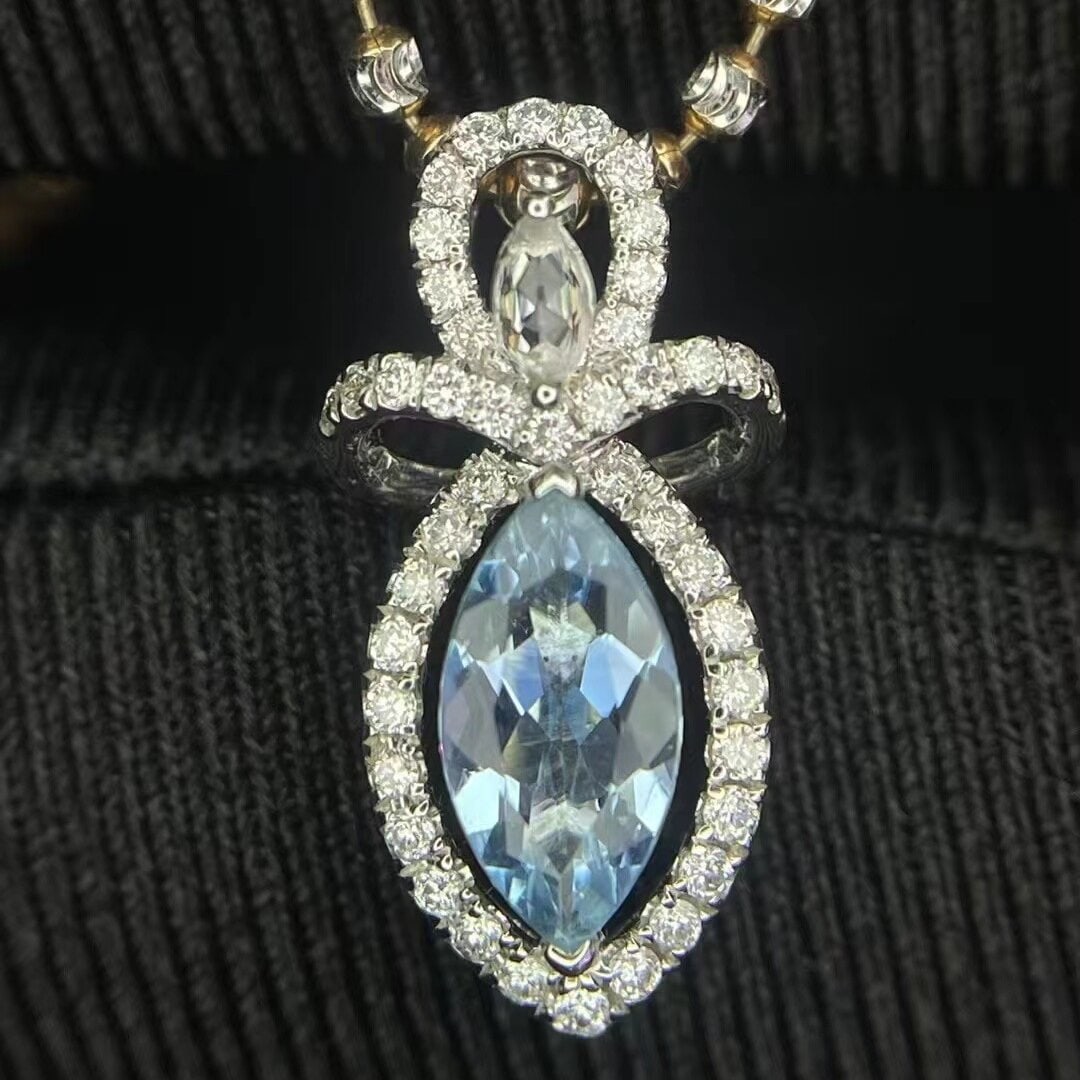 14k Gold 0.50 Ct Natural Aquamarine & Diamond Pendant( Without Chain ) - 4
