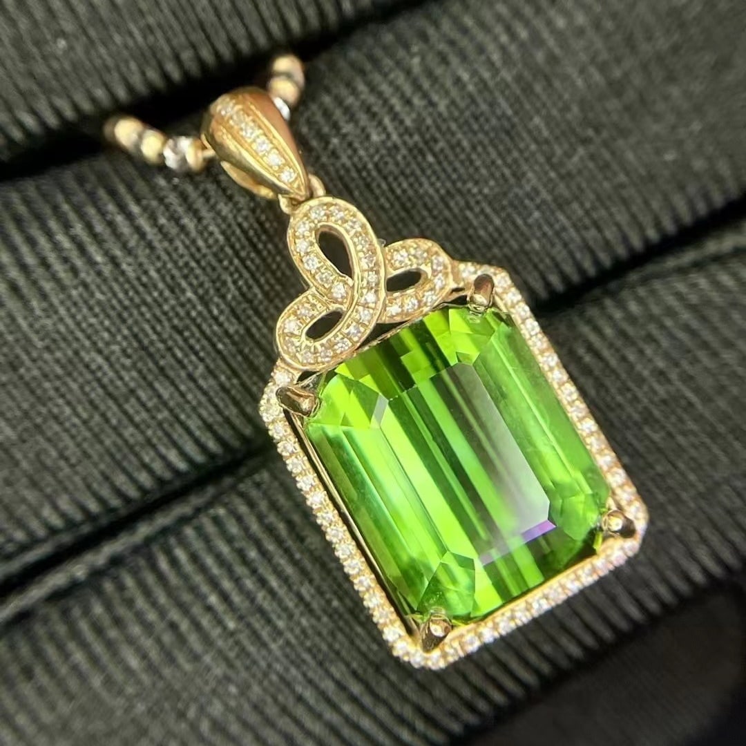 14k Gold 7.00 Ct Natural Tourmaline & Diamond Pendant( Without Chain ) - 2