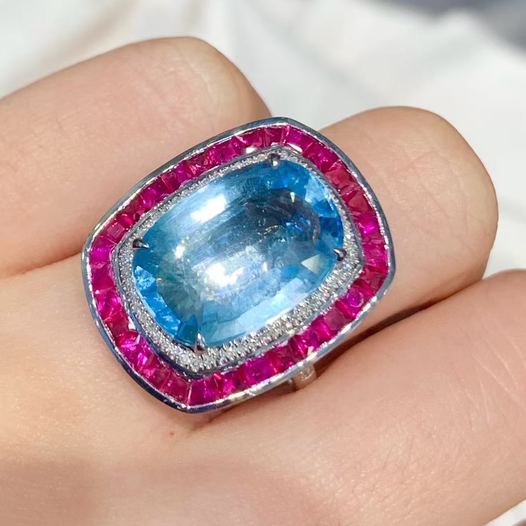 14k Gold 8.55 Ct Natural Aquamarine & Diamond & Ruby Ring - 5