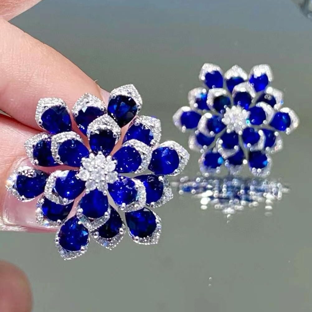 14k Gold 15.3 Ct Natural Sapphire & Diamond Earrings - 3