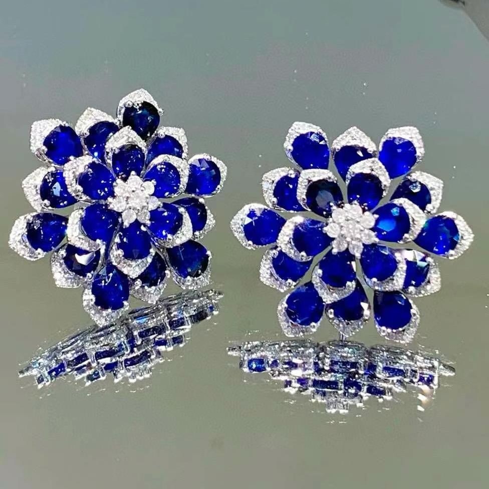 14k Gold 15.3 Ct Natural Sapphire & Diamond Earrings - 4