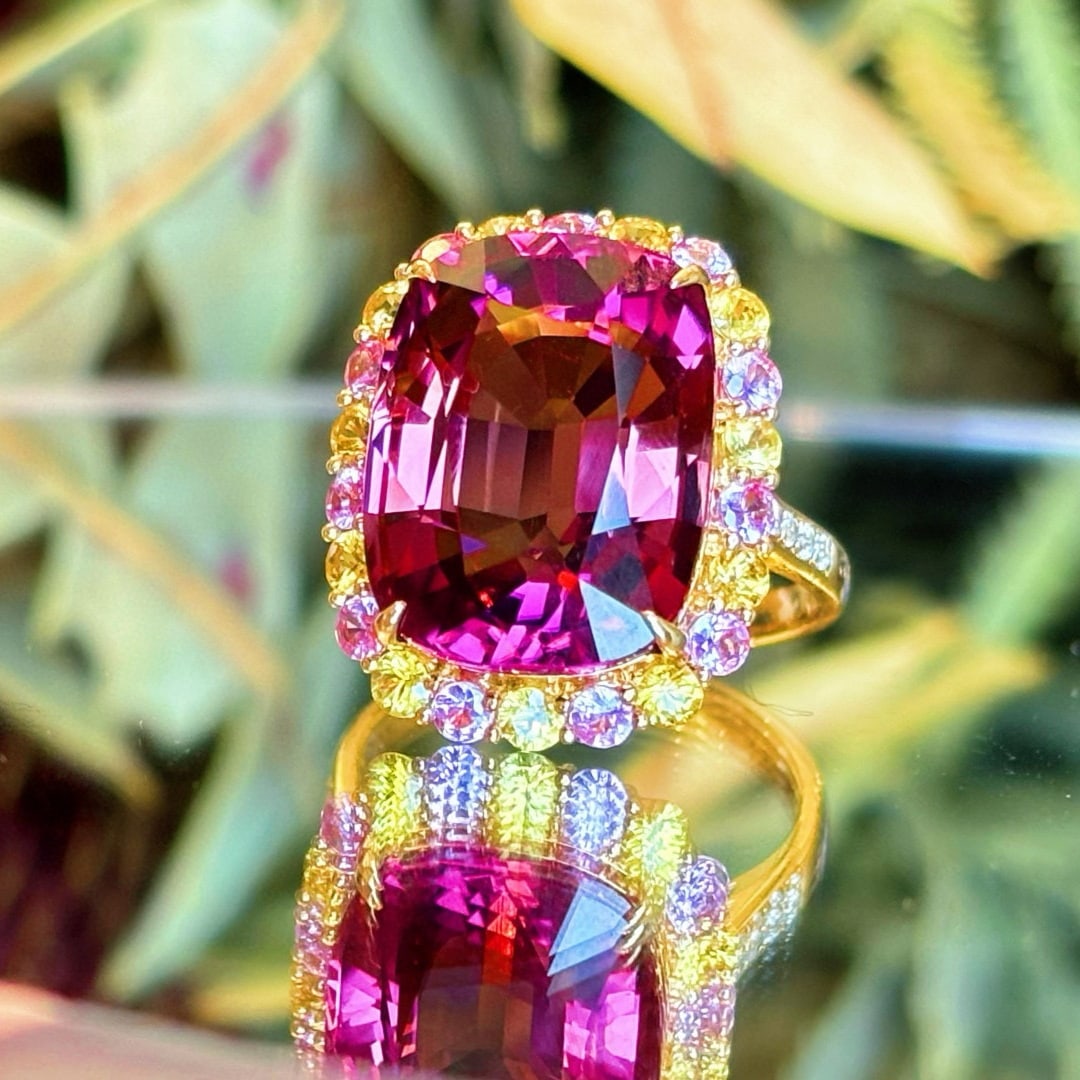 14k Gold 13.75 Ct Natural Tourmaline & Sapphire & Diamond Ring - 2