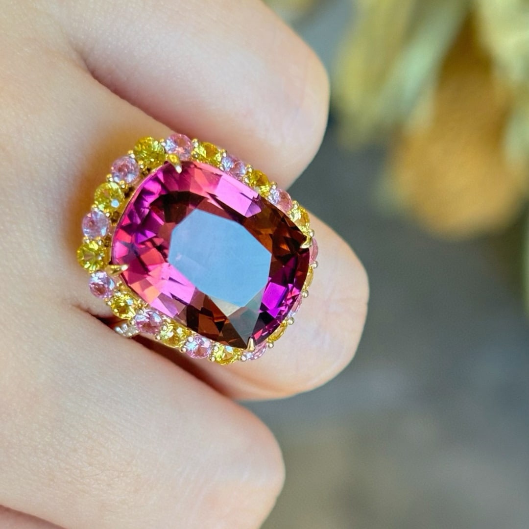 14k Gold 13.75 Ct Natural Tourmaline & Sapphire & Diamond Ring - 4