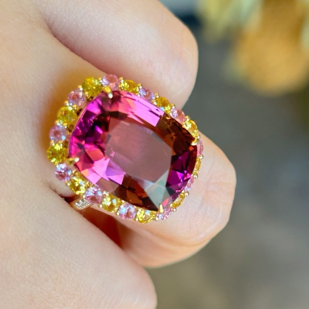 14k Gold 13.75 Ct Natural Tourmaline & Sapphire & Diamond Ring - 5