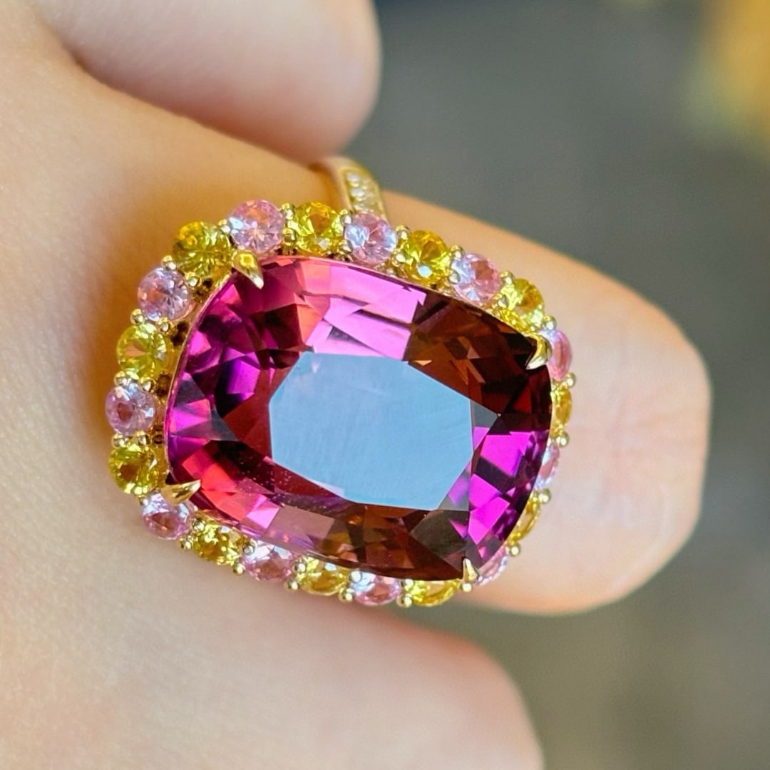 14k Gold 13.75 Ct Natural Tourmaline & Sapphire & Diamond Ring - 7