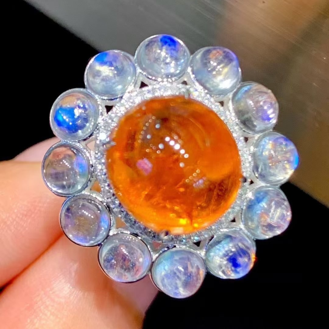 14k Gold 11.5 Ct Natural Spessartine & Diamond & Moonstone Ring - 2