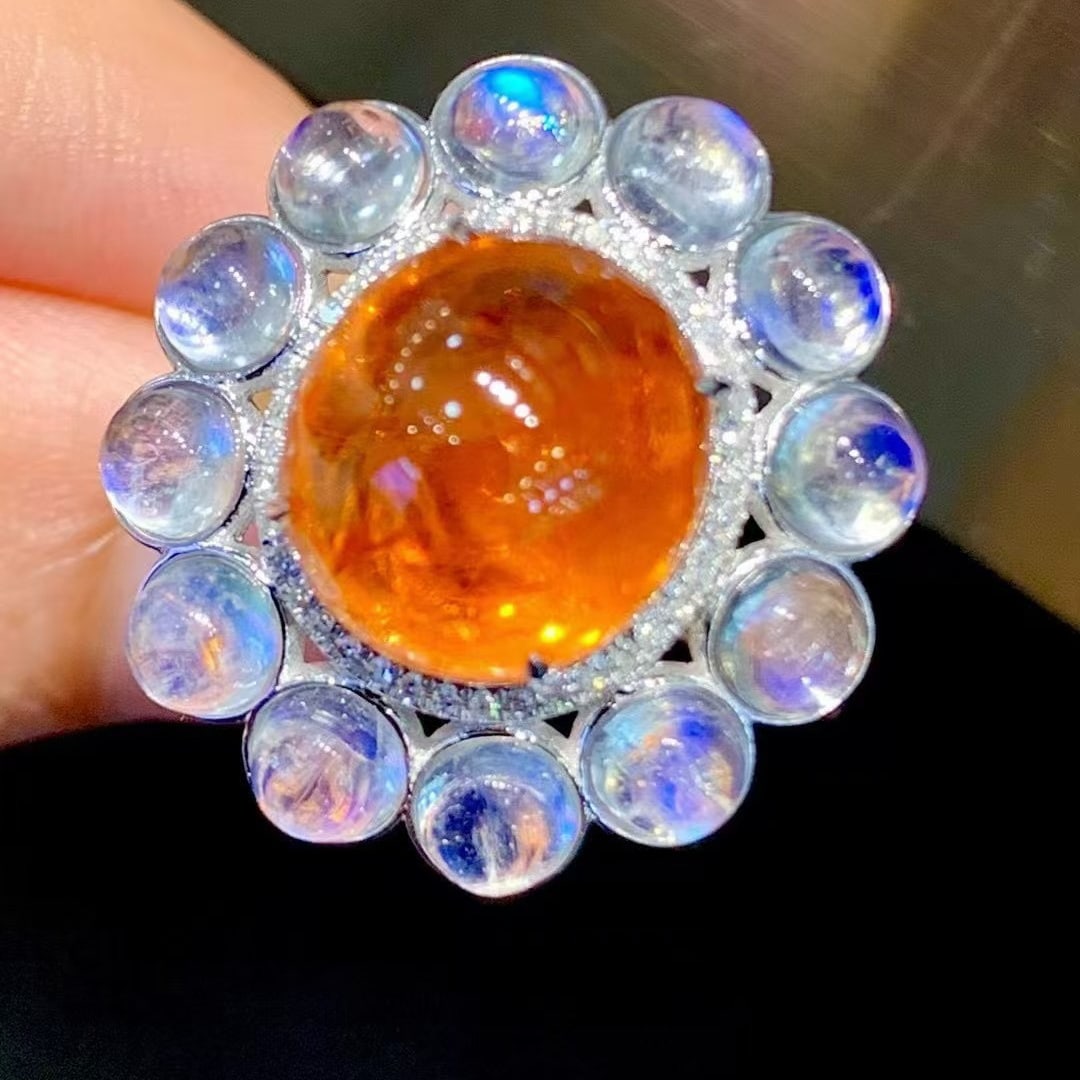 14k Gold 11.5 Ct Natural Spessartine & Diamond & Moonstone Ring - 6