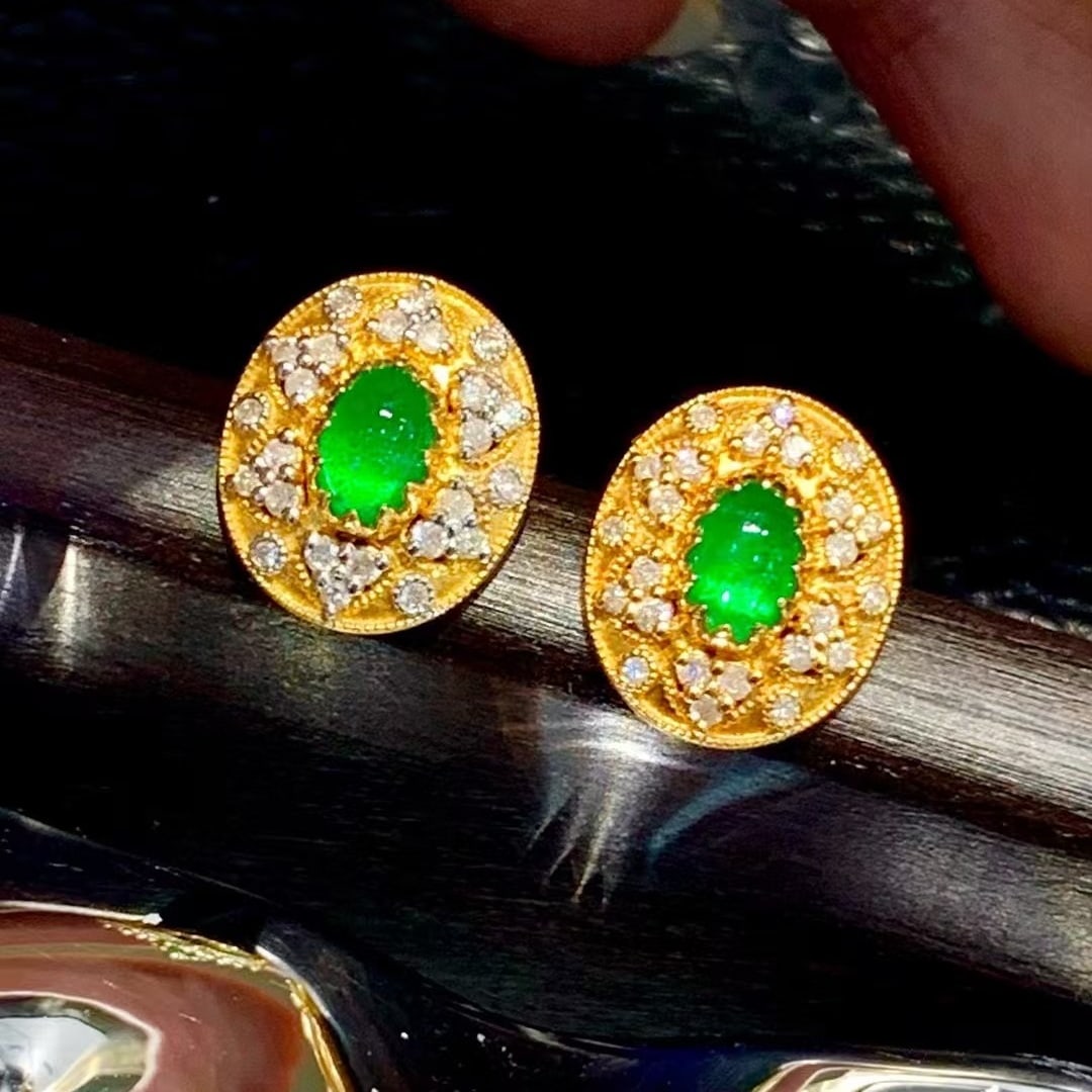 14k Gold 1.35 Ct Vivid Green Natural Emerald & Diamond Earrings - 3