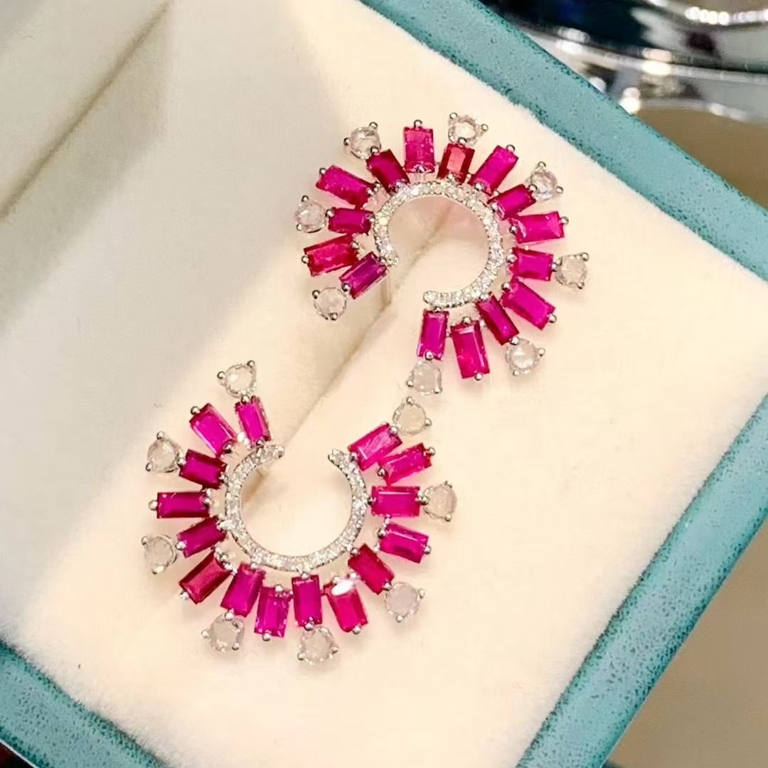 14k Gold 3 Ct Natural Ruby & Sapphire & Diamond Earrings: Ref:230945032 // gold content:14k gold // main gemstone:ruby // shape:rectangle // carat weight:3ct // color:red // treatment:natural // // adjacent gemstone 2 : sapphire // shape:round //