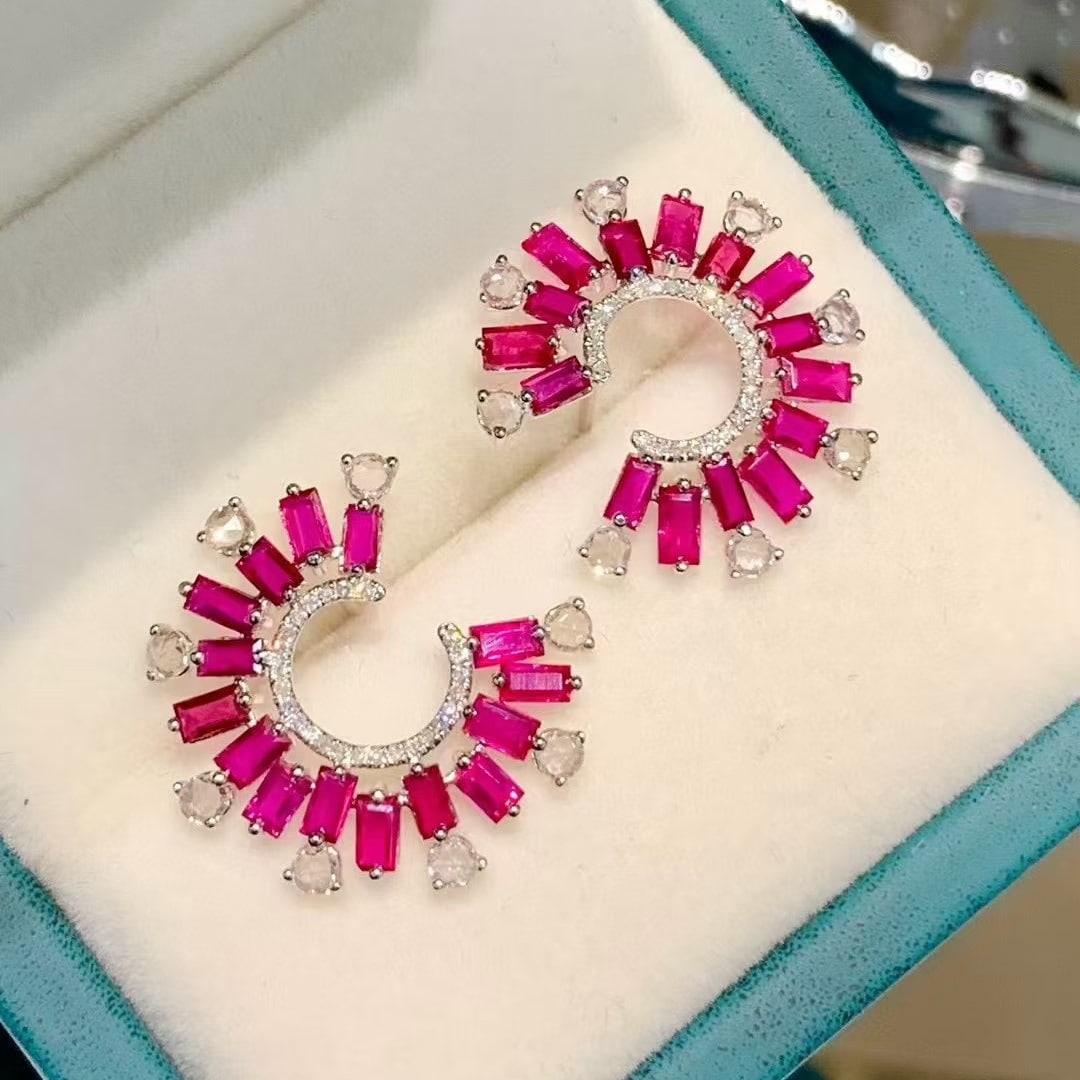 14k Gold 3 Ct Natural Ruby & Sapphire & Diamond Earrings - 5