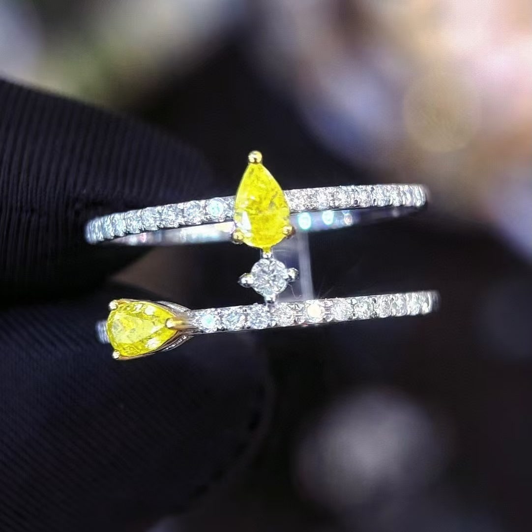 14k Gold 0.4 Ct Natural Yellow Diamond & Diamond Ring: Ref:230945036 // gold content:14k gold // ring size:7. 25us // // main gemstone:yellow diamond // shape:pear // carat weight:0. 4ct // color:yellow // treatment:natural // // adjacent gemstone 2 :