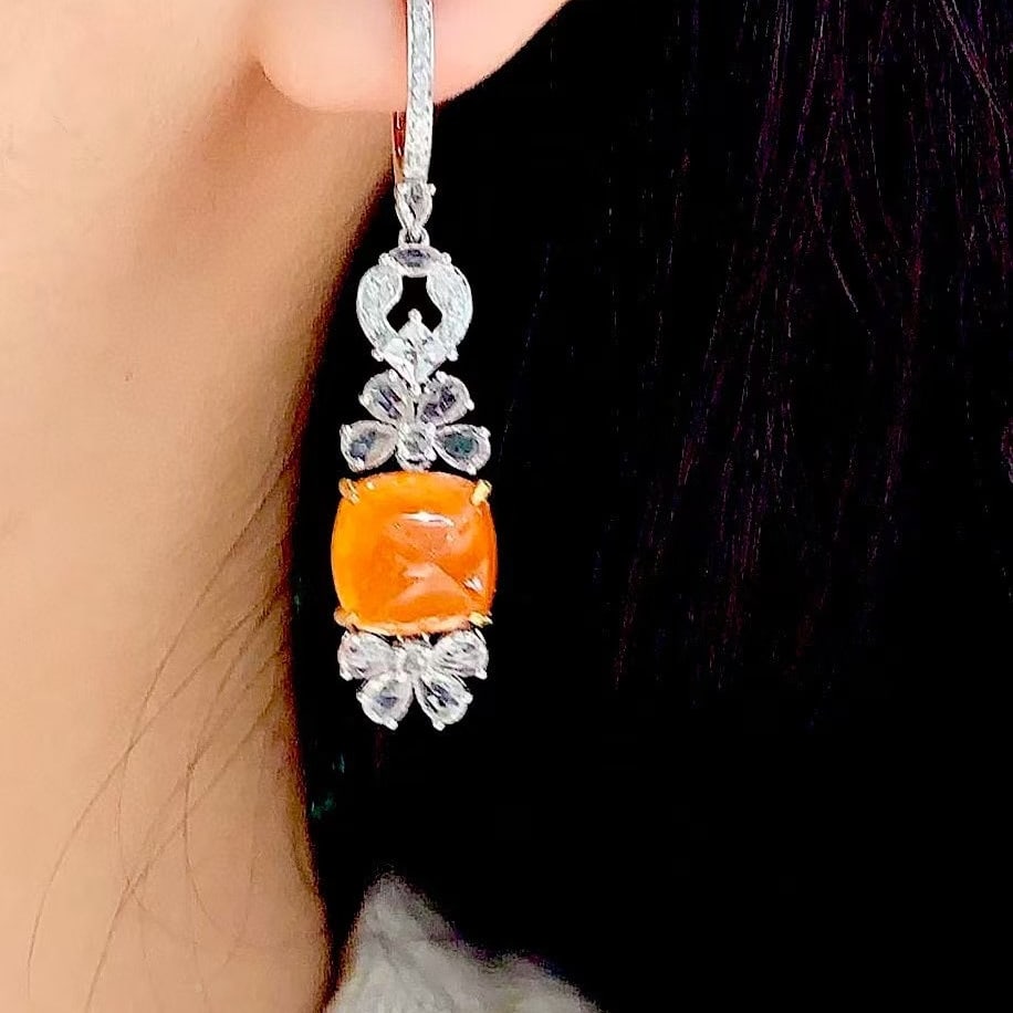 14k Gold 12 Ct Natural Spessartine & Diamond & Sapphire Earrings - 2