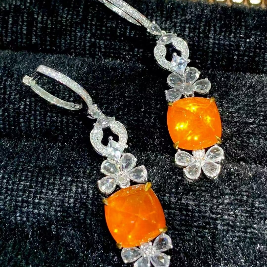 14k Gold 12 Ct Natural Spessartine & Diamond & Sapphire Earrings - 4