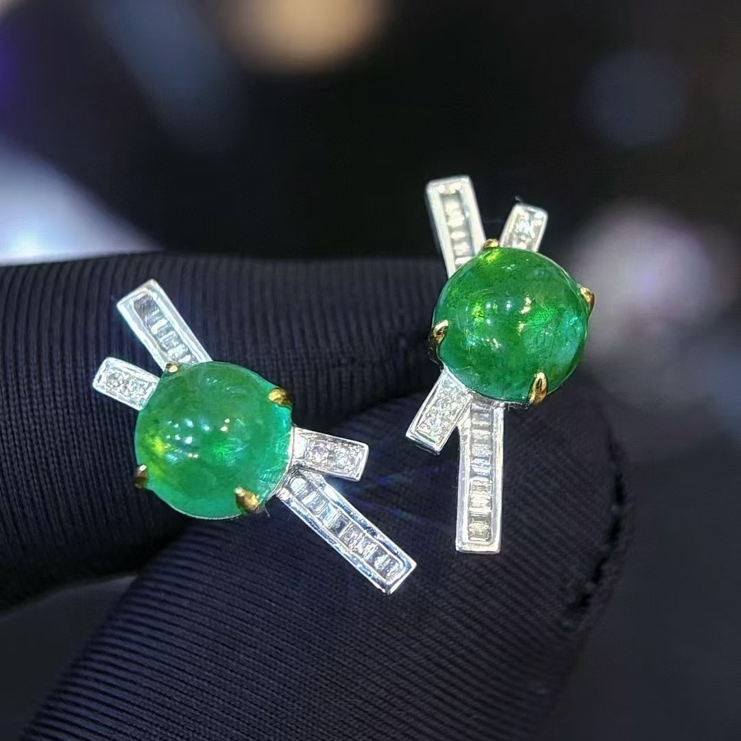 14k Gold 3.47 Ct Natural Emerald & Diamond Earrings - 5