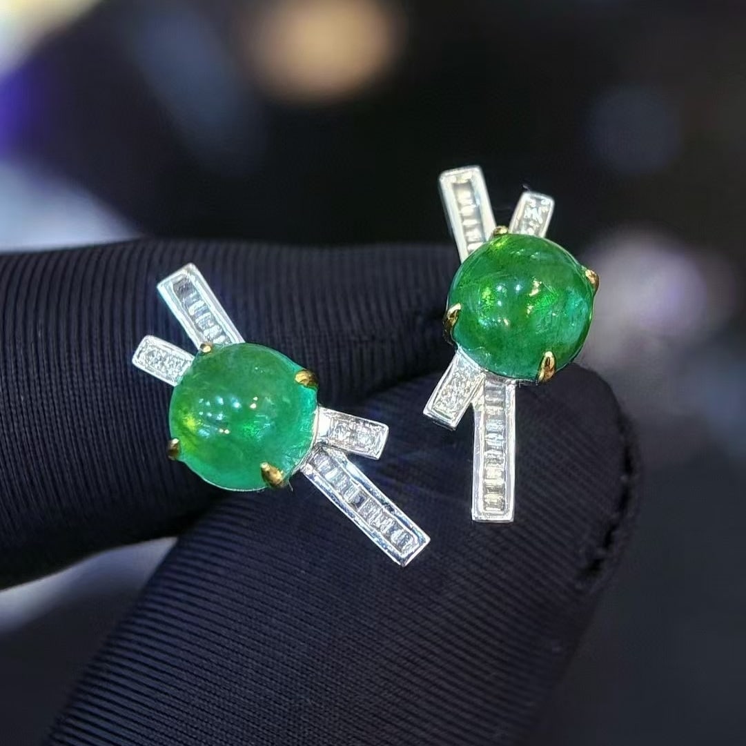 14k Gold 3.47 Ct Natural Emerald & Diamond Earrings - 6