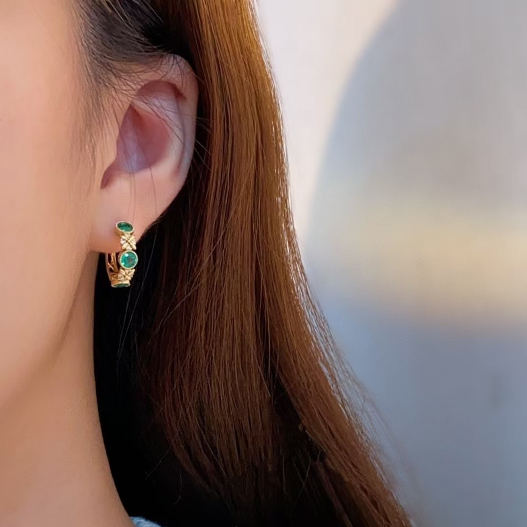 14k Gold 1.28 Ctw Natural Emerald & Diamond Earrings - 2