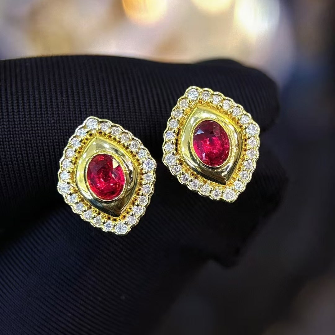 14k Gold 0.5 Ct Natural Ruby & Diamond Earrings - 7
