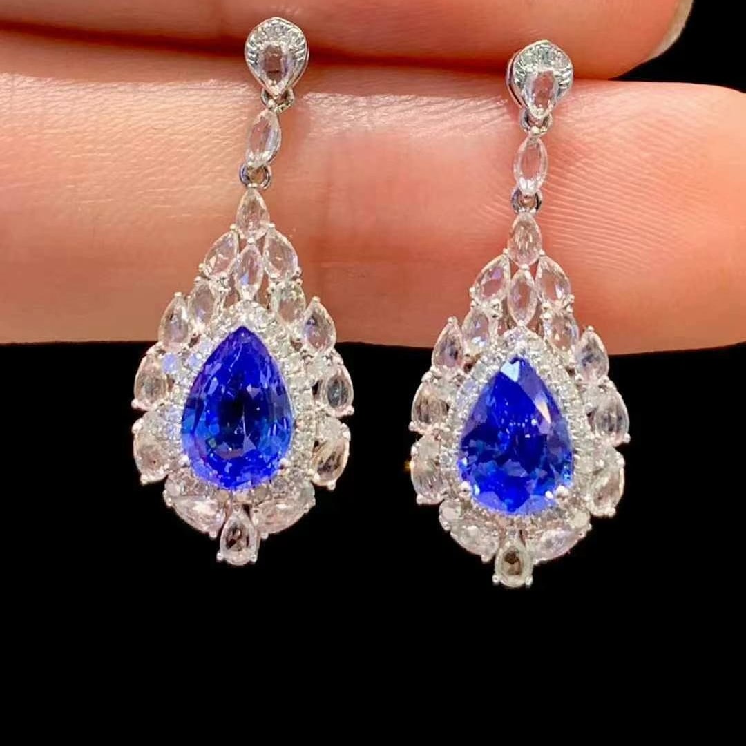 14k Gold 1.8 Ct Natural Sapphire & Sapphire & Diamond Earrings - 2