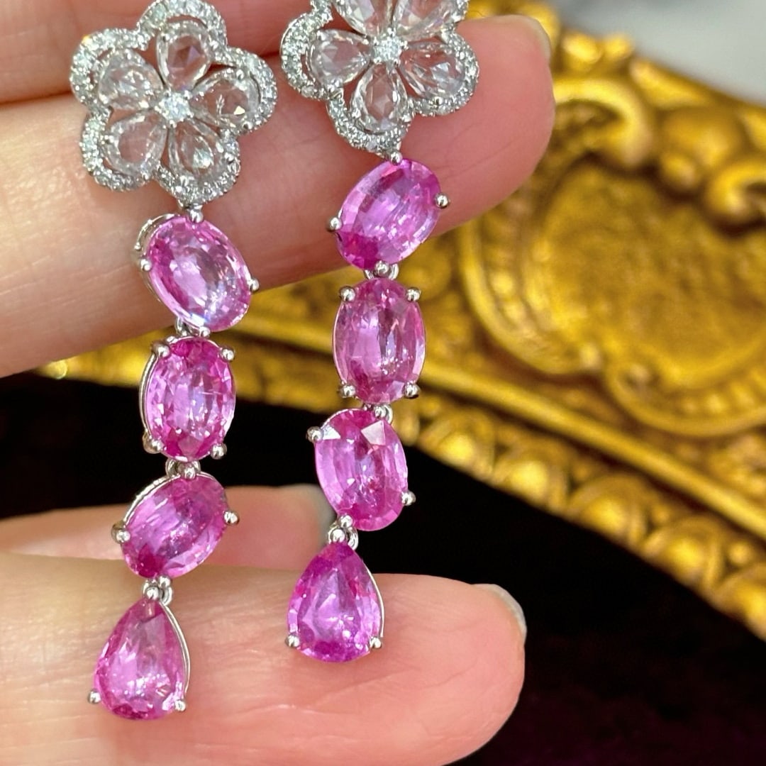 14k Gold 6.02 Ct Natural Sapphire & Diamond & Sapphire Earrings - 3