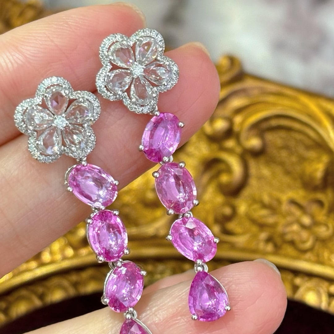 14k Gold 6.02 Ct Natural Sapphire & Diamond & Sapphire Earrings - 4